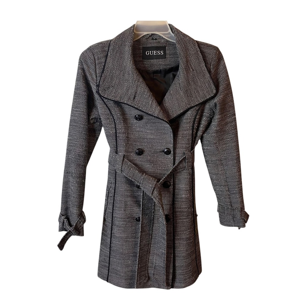 GUESS Women's Gray Tweed Double Breasted Trench Coat Belted Jacket Size Medium